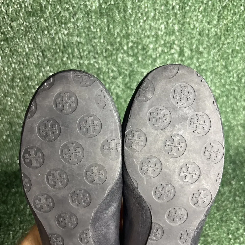 Tory Burch Women's 8 M Black Leather Ballet‎ Flats Round Toe Slip On Logo Accent